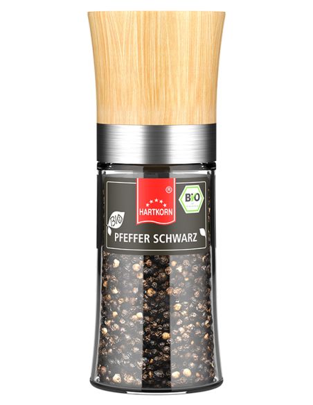 Eine transparente Pfeffermühle mit Holzdeckel und Etikett „Pfeffer schwarz“.