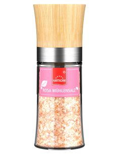 Gewürzmühle mit Holzdeckel und transparentem Glasbehälter, gefüllt mit grobem rosa Mühlensalz.