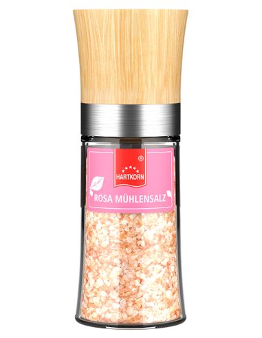 Gewürzmühle mit Holzdeckel und transparentem Glasbehälter, gefüllt mit grobem rosa Mühlensalz.