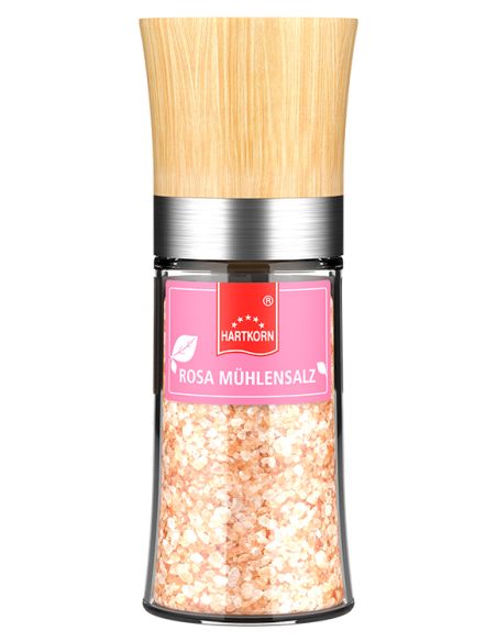 Gewürzmühle mit Holzdeckel und transparentem Glasbehälter, gefüllt mit grobem rosa Mühlensalz.