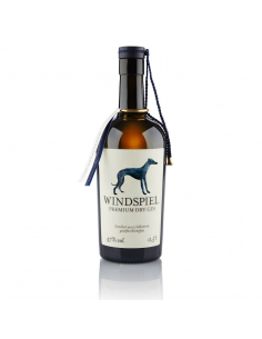 Windspiel Gin-Flasche mit Hundelogo auf weißem Hintergrund.