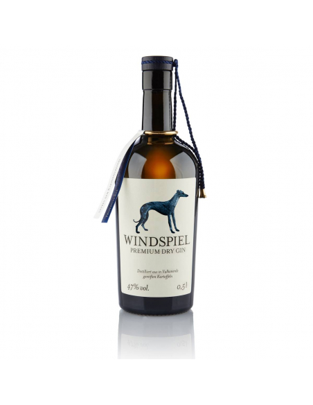 Windspiel Gin-Flasche mit Hundelogo auf weißem Hintergrund.