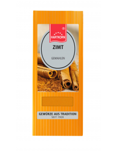 Orangefarbener Flachbeutel mit Foto von Zimtstangen und -pulver.