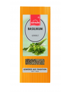 Orangefarbener Flachbeutel mit Etikett „Basilikum gerebelt“, grüner Kräuterabbildung und Sichtfenster.