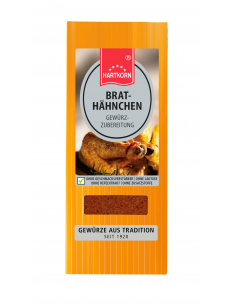 Orangefarbener Flachbeutel mit Bild eines Brathähnchens und Sichtfenster auf das rötliche Gewürz.
