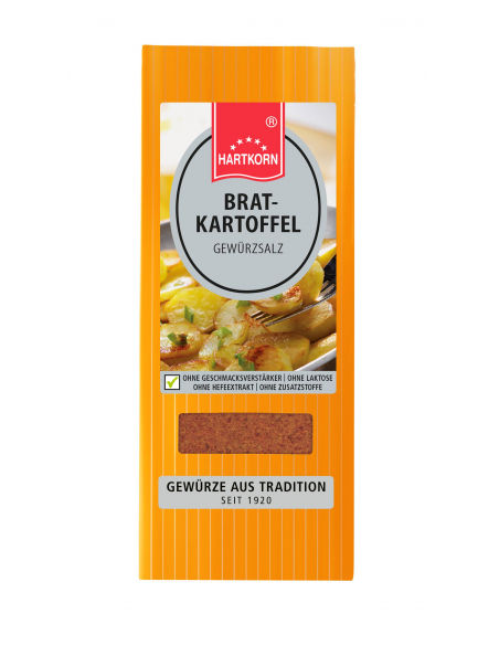 Orangefarbener Flachbeutel mit Etikett „Brathähnchen“, grüner Kräuterabbildung und Sichtfenster.