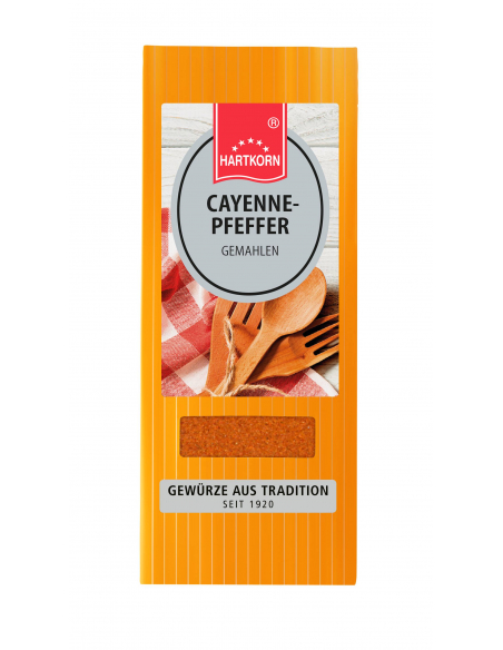 Orangefarbener Flachbeutel und Etikett „Cayenne Pfeffer“. Orangefarbener Flachbeutel und Etikett „Cayenne Pfeffer“.