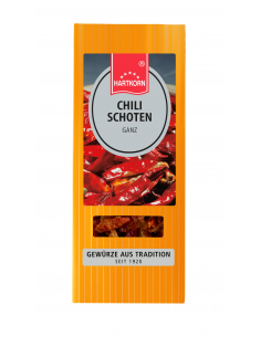 Orangefarbener Flachbeutel mit Etikett „CHILI SCHOTEN GANZ“