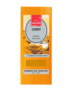 Orangefarbener Flachbeutel mit Etikett „CURRY GEWÜRZMISCHUNG“ über einem Foto mit Currypulver und Löffel
