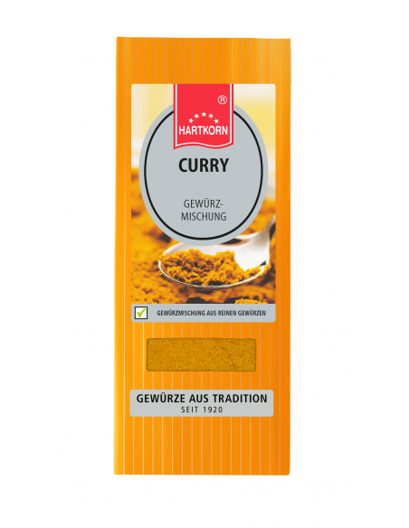 Orangefarbener Flachbeutel mit Etikett „CURRY GEWÜRZMISCHUNG“ über einem Foto mit Currypulver und Löffel Orangefarbener Flachbeutel mit Etikett „CURRY GEWÜRZMISCHUNG“ über einem Foto mit Currypulver und Löffel