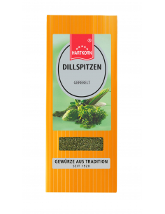 Orangefarbener Flachbeutel mit grünem Etikett „DILLSPITZEN GEREBELT“ und Kräutergrafik