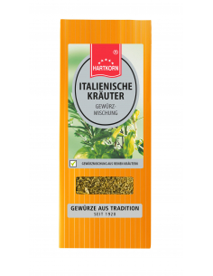Flachbeutel mit der Aufschrift „ITALIENISCHE KRÄUTER“, dahinter grüne mediterrane Kräuter.