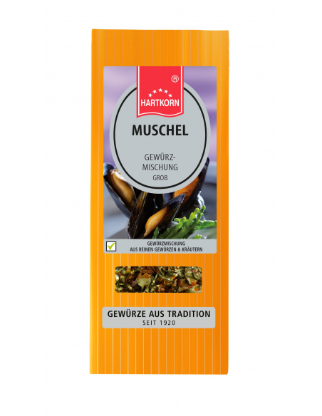 Flachbeutel mit der Aufschrift "Muschel Gewürzmischung grob" und buntem Mix im Sichtfenster