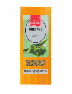 Flachbeutel mit der Aufschrift „OREGANO“, dahinter grüne Kräuter auf hellgrünem Hintergrund.