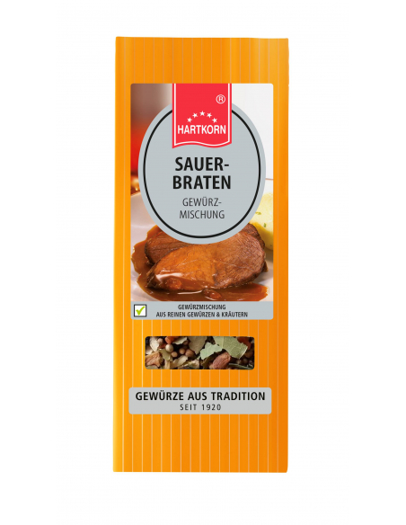 Flachbeutel mit der Aufschrift „SAUERBRATEN GEWÜRZ-MISCHUNG“ und einem Bild von Bratenscheiben in Soße
