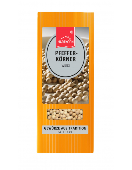 Flachbeutel mit der Aufschrift „PFEFFERKÖRNER Weiß“, dahinter weiße Pfefferkörner.