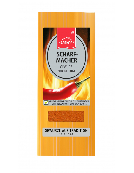 Flachbeutel mit der Aufschrift „SCHARFMACHER GEWÜRZ-ZUBEREITUNG“ und einer roten Chili auf Flammen-Hintergrund