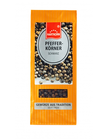 Flachbeutel mit der Aufschrift "Pfefferkörner Schwarz" und schwarzem Pfeffer im Sichtfenster