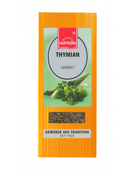 Flachbeutel mit der Aufschrift „THYMIAN gerebelt“, grüne Kräuterzweige im Hintergrund. Flachbeutel mit der Aufschrift „THYMIAN gerebelt“, grüne Kräuterzweige im Hintergrund.