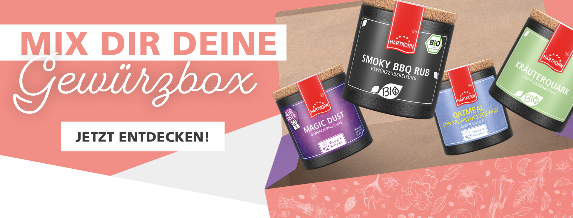 Individuelle Gewürzbox mit Hartkorn Gewürzen wie BBQ Rub, Magic Dust und Kräuterquark – persönliches Gewürzgeschenk selbst zusammenstellen.