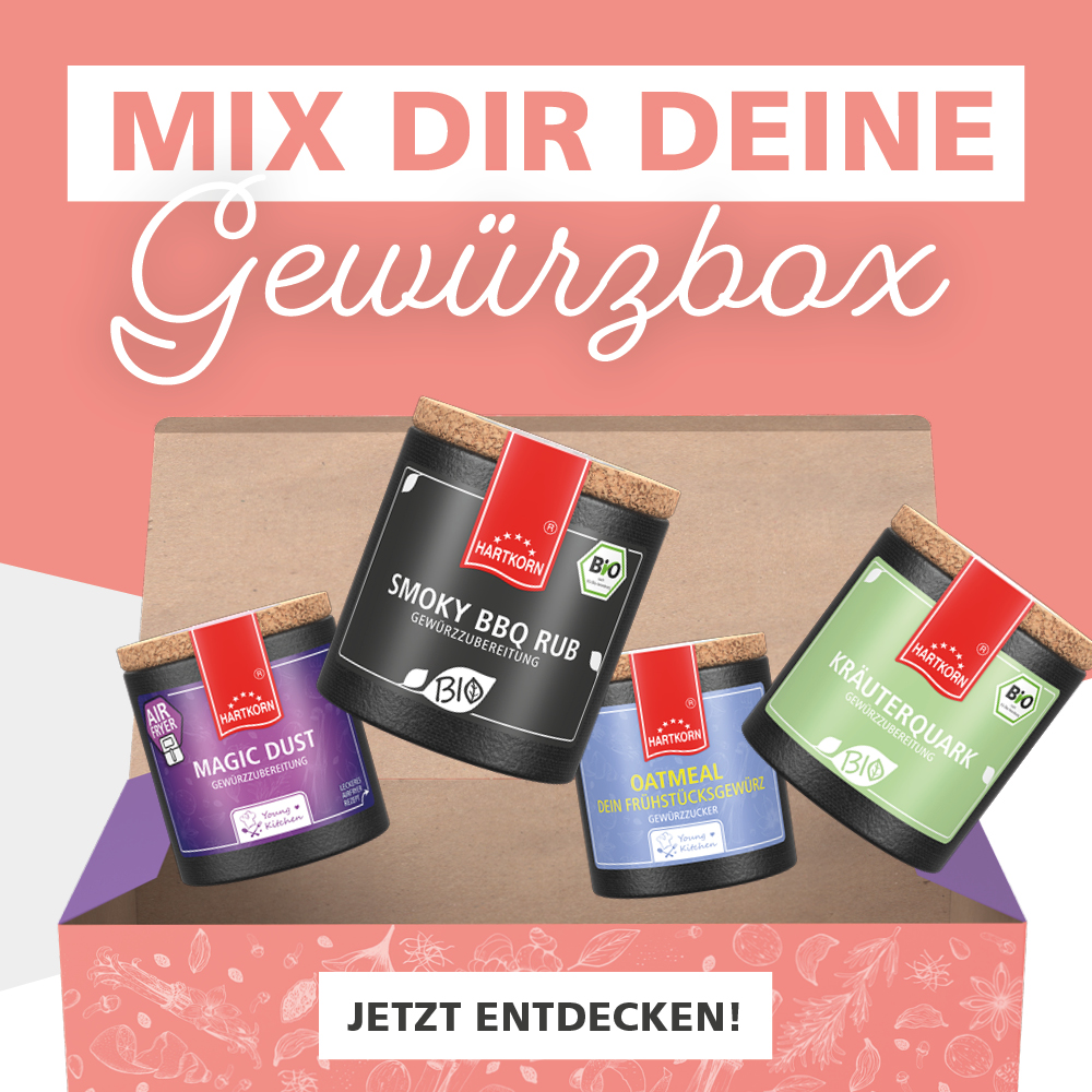 Individuelle Gewürzbox mit Hartkorn Gewürzen wie BBQ Rub, Magic Dust und Kräuterquark – persönliches Gewürzgeschenk selbst zusammenstellen.