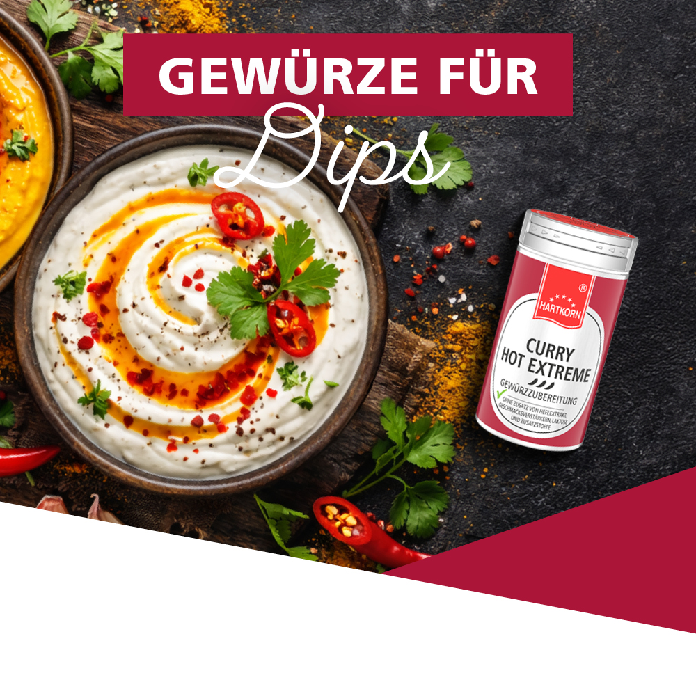 Hartkorn Curry Hot Extreme für würzige Dips mit Chili, Kräutern und cremiger Sauce.