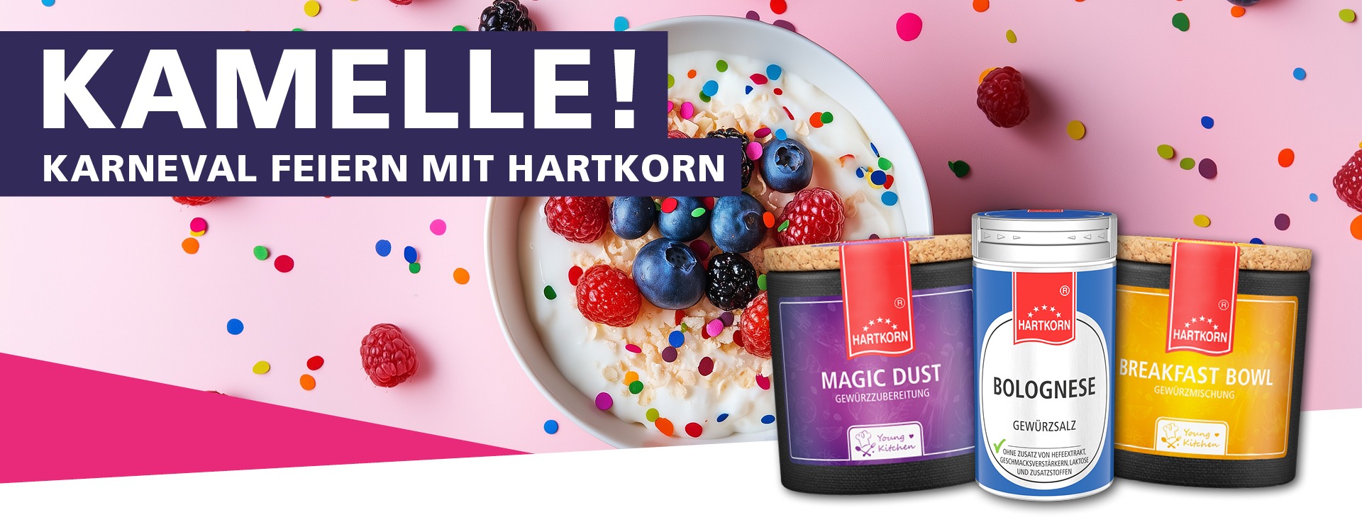 Karnevals-Banner mit Konfetti, Joghurt mit Beeren und Hartkorn-Gew&uuml;rzdosen