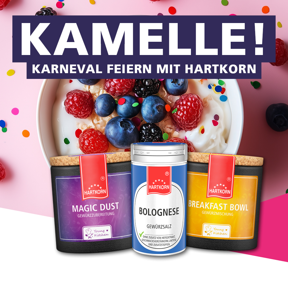 Hartkorn Gew&uuml;rze f&uuml;r Karneval &ndash; Magic Dust, Bolognese Gew&uuml;rzsalz und Breakfast Bowl vor Joghurt mit Beeren und Konfetti.