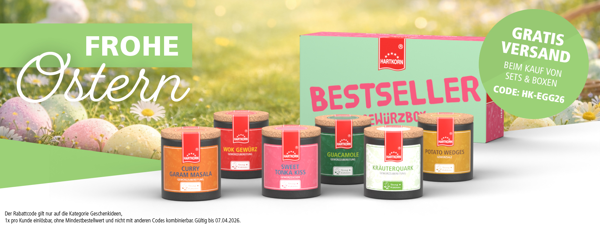 Frohe Ostern &ndash; Gew&uuml;rz Bestseller Box von Hartkorn mit Gratis Versand, Rabattcode HK-EGG26 f&uuml;r Geschenkideen Sets