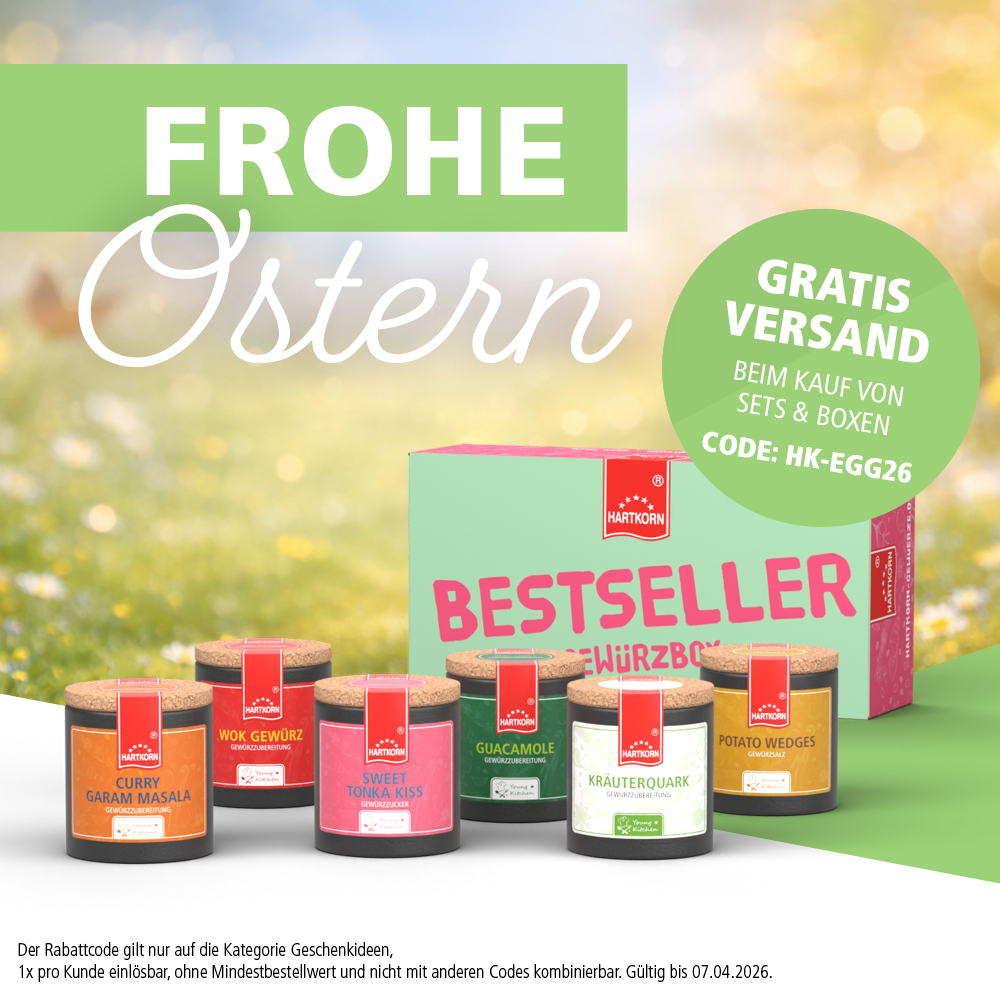Frohe Ostern &ndash; Gew&uuml;rz Bestseller Box von Hartkorn mit Gratis Versand, Rabattcode HK-EGG26 f&uuml;r Geschenkideen Sets
