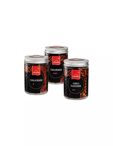 Drei Gläser Hartkorn-Chili-Gewürze: Chilifäden, Chiliringe (3 Schoten), Chiliflocken (2 Schoten) – scharf und aromatisch