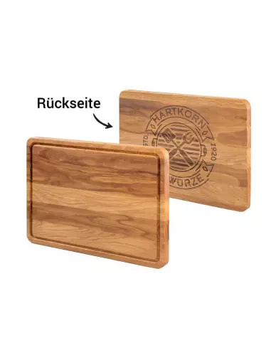 Zwei Seiten eines rechteckigen Holzbretts aus Olivenholz, eine Seite mit Gravur.