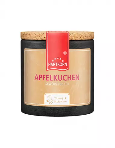 Pappdose mit Korkdeckel und hellbeigem Etikett, beschriftet mit „Apfelkuchen – Gewürzzubereitung“.
