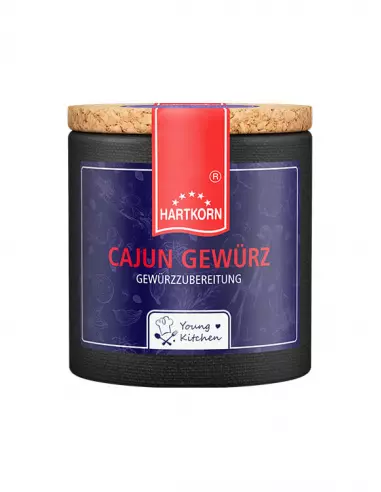 Pappdose mit Korkdeckel und dunkelblauem Etikett, beschriftet mit „Cajun Gewürz – Gewürzzubereitung“.