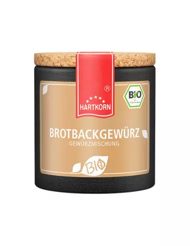 Dunkle Pappdose mit beigem Etikett, rotem Deckelband und Aufschrift „BROTBACKGEWÜRZ GEWÜRZMISCHUNG“, daneben das Bio-Siegel.