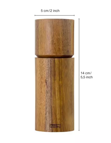 Die Holzmühle in Nahaufnahme mit Maßangaben: Höhe 14 cm, Durchmesser 5 cm.