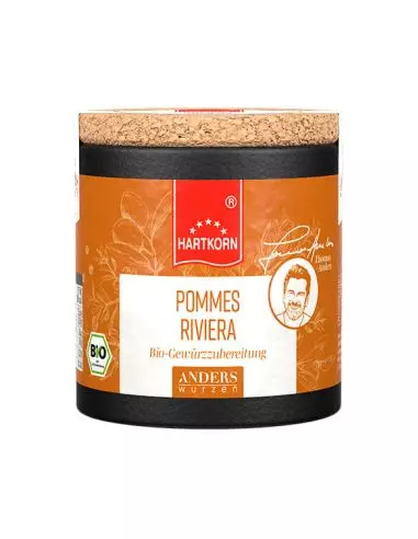 Schwarze Pappdose mit Korkdeckel, Etikett in Orange mit rotem Band: 'Pommes Riviera Bio Gewürzzubereitung', BIO-Siegel sichtbar.