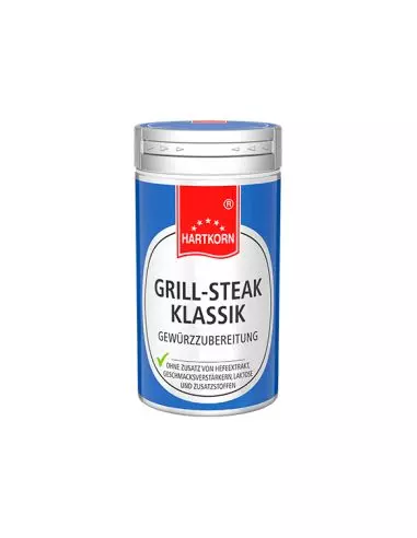 Gewürzdose mit der Aufschrift „Grill-Steak Klassik“ in blau-weißem Design von Hartkorn.