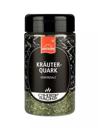 Schwarze Gewürzdose mit grünem Etikett und der Aufschrift „Kräuterquark“.