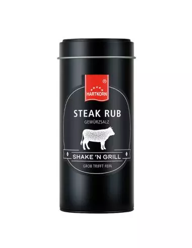 Schwarze Gewürzdose mit dunkelgrauem Etikett und der Aufschrift „Steak Rub – Gewürzzubereitung“ mit Rind-Symbol.