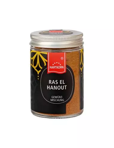Glas mit Hartkorn-Logo, braun-gelbem Ras el Hanout Gewürzpulver und silbernem Schraubdeckel