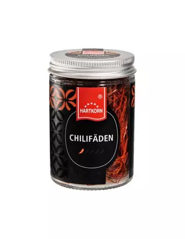 Glas mit Hartkorn Chilifäden – feine, rote Chilischnüre mit milder Schärfe (1 Chilischote auf Etikett)