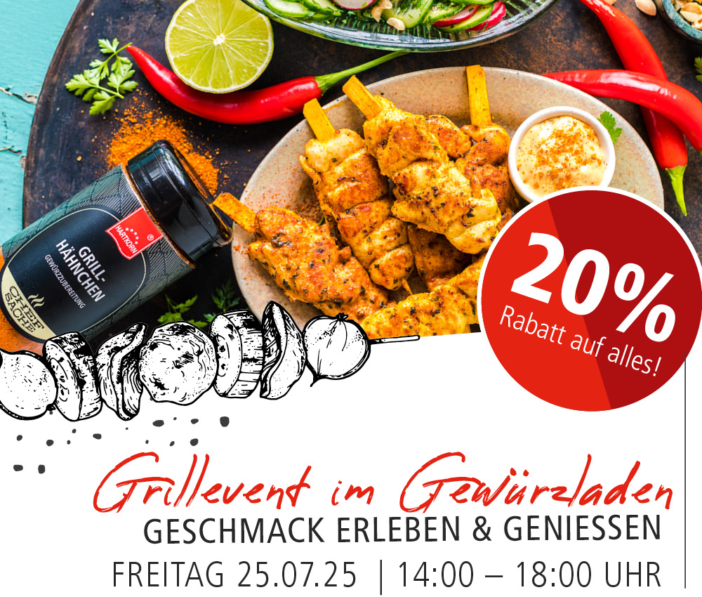 Header_Grillevent4 Werbegrafik für ein Grillevent mit Hähnchenspießen, Gewürzdose und Text: „Grillevent im Gewürzladen – Freitag 25.07.25, 14–18 Uhr – 20 % Rabatt auf alles!“
